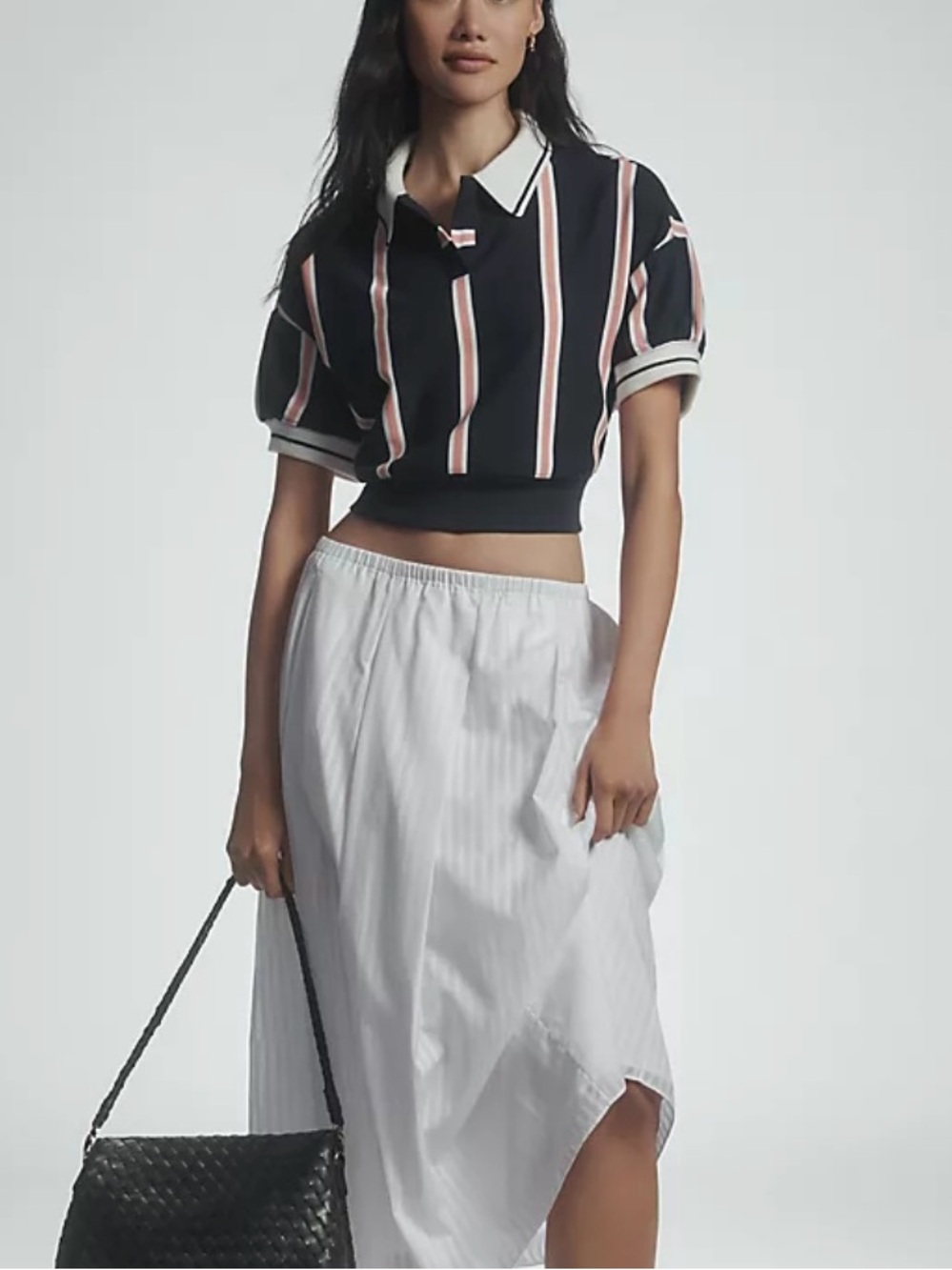 Maeve Anthropologie Navy and Pink Striped Preppy Cropped Boxy Sporty Polo Shirt
